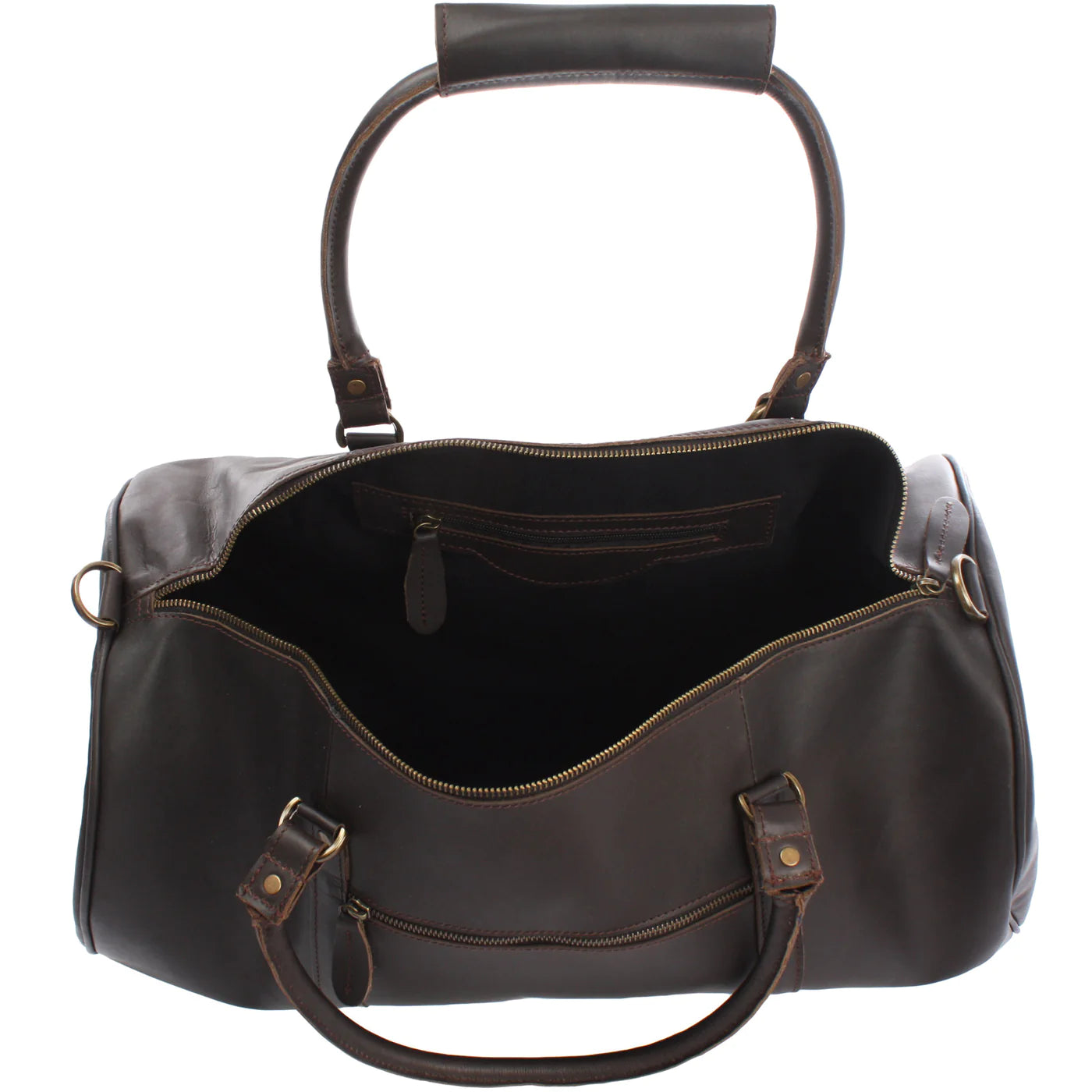 Open gray Voyager weekender duffel showing dark lining, interior zip pocket, and wide main compartment