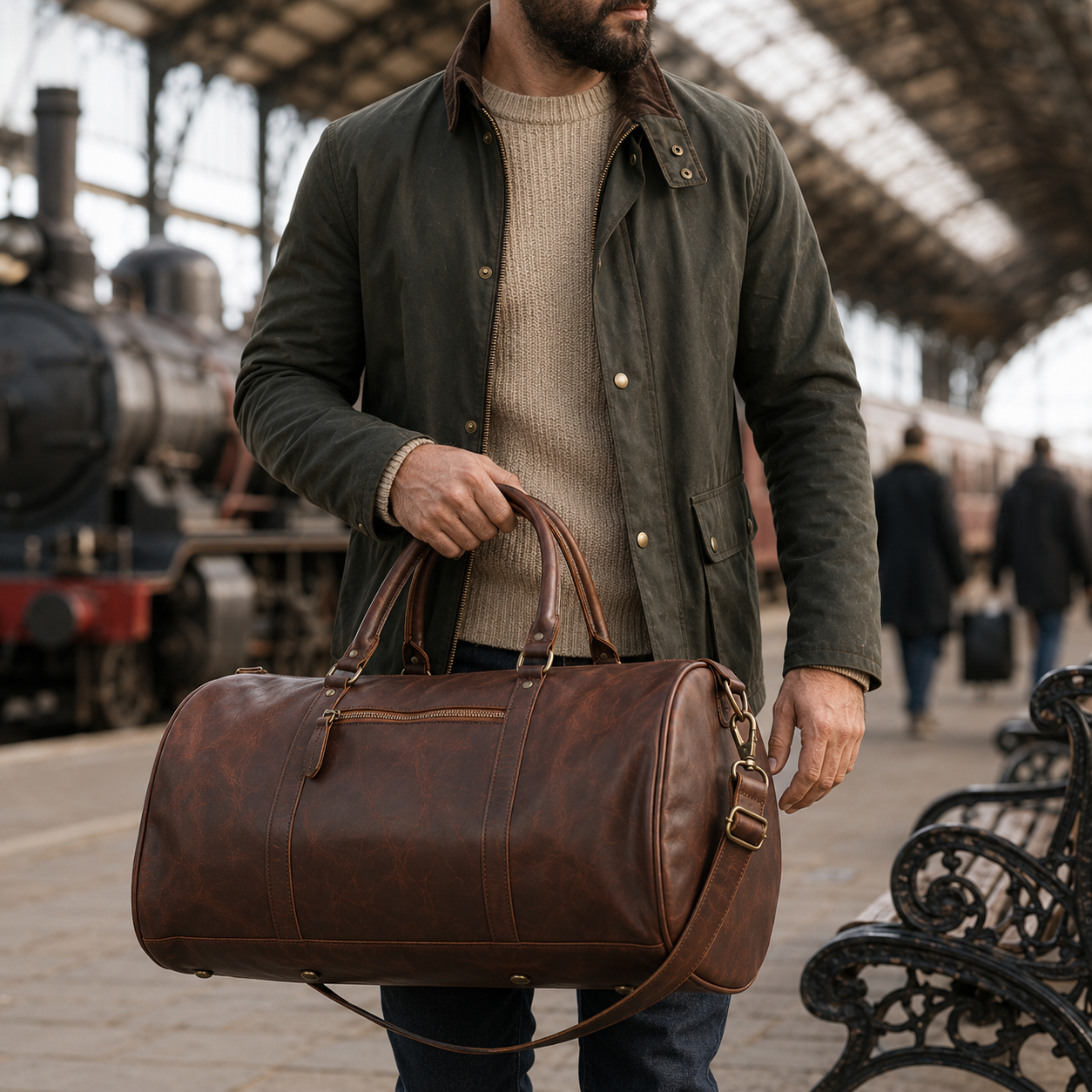 A man at a train station holds a Cuiravo Voyager, a large brown leather duffel bag. He is wearing an olive green waxed jacket and a beige knit sweater, with a vintage train and station platform visible in the background.