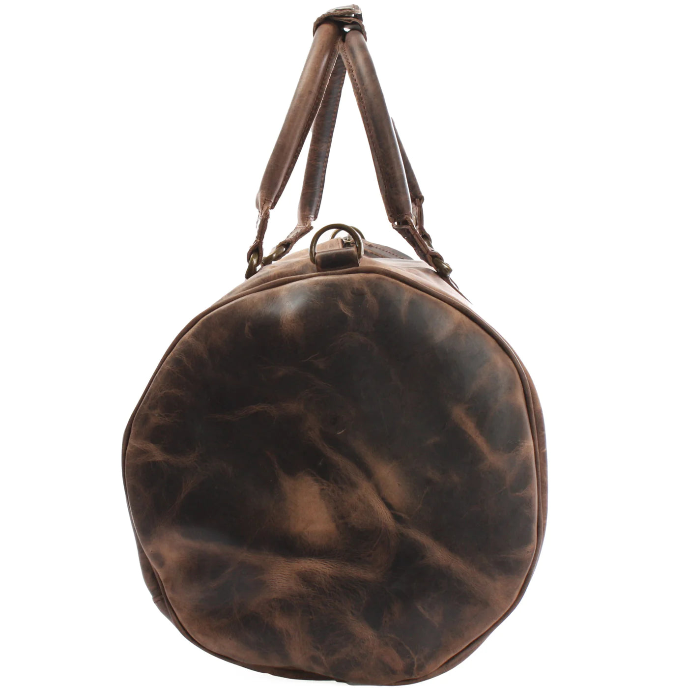 Mud brown Voyager leather weekender duffel, end view showing marbled finish and rounded profile