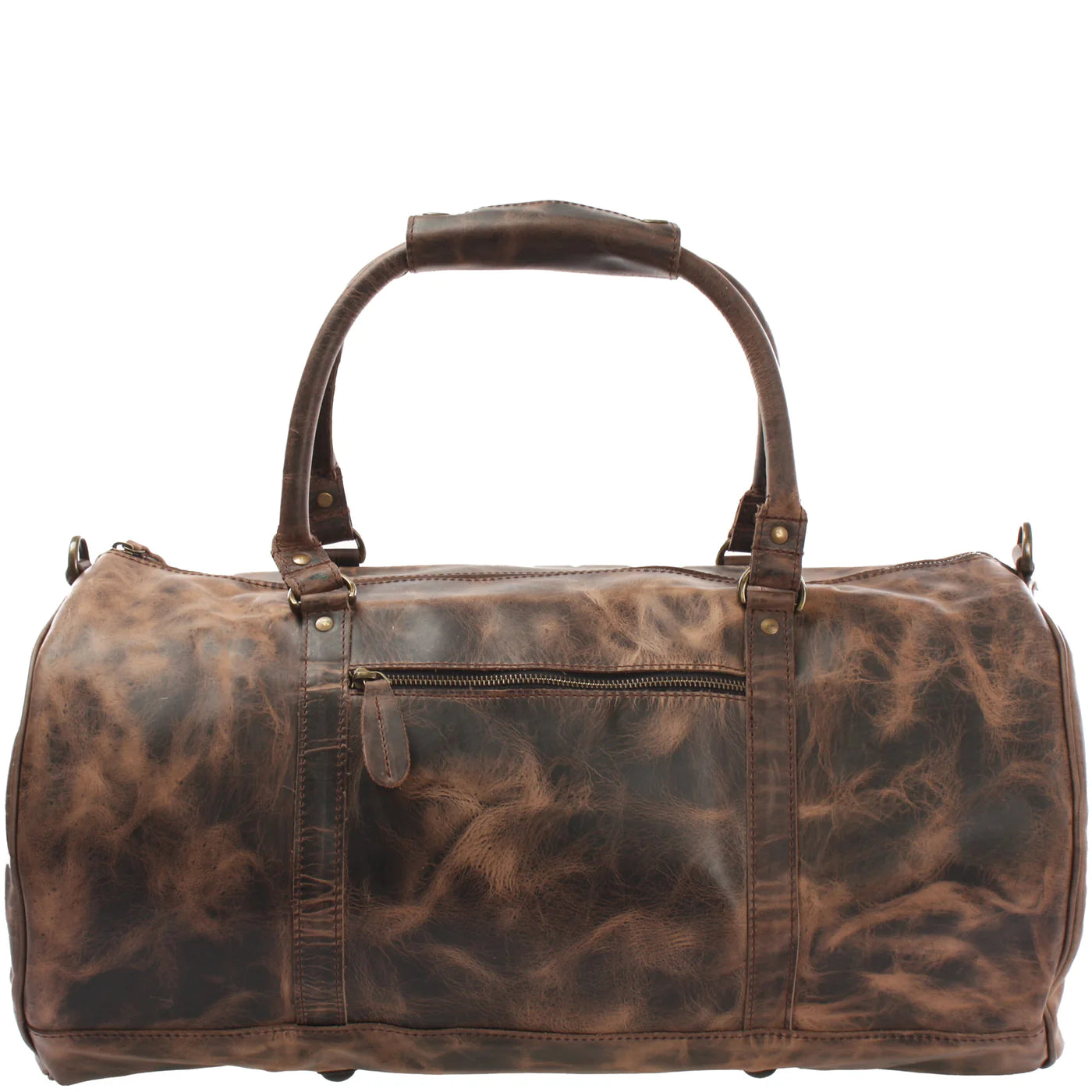 Mud brown Voyager leather duffel, zip-pocket panel view with marbled finish and reinforced handles