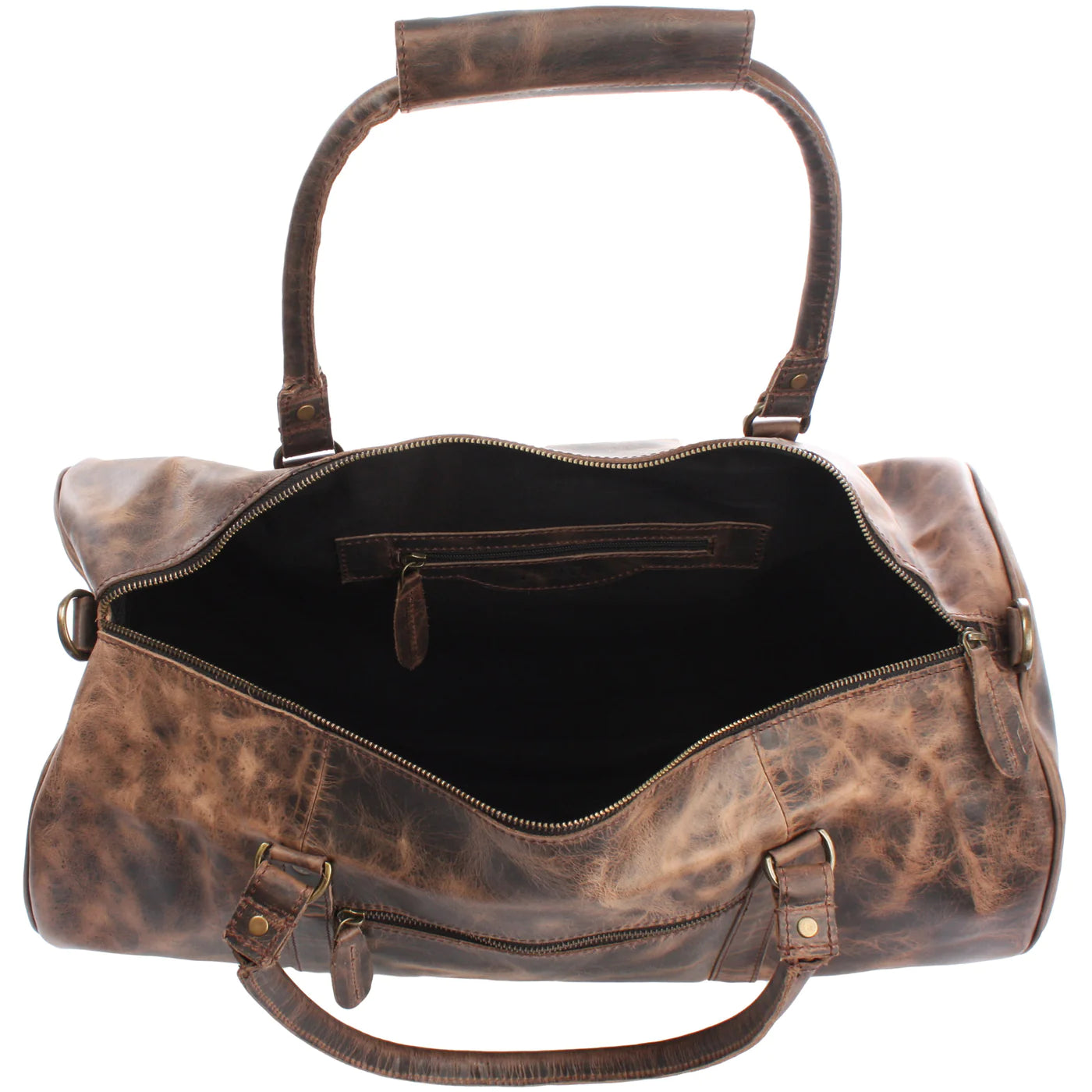 Open mud brown Voyager duffel showing dark lining, interior zip pocket, and wide main compartment