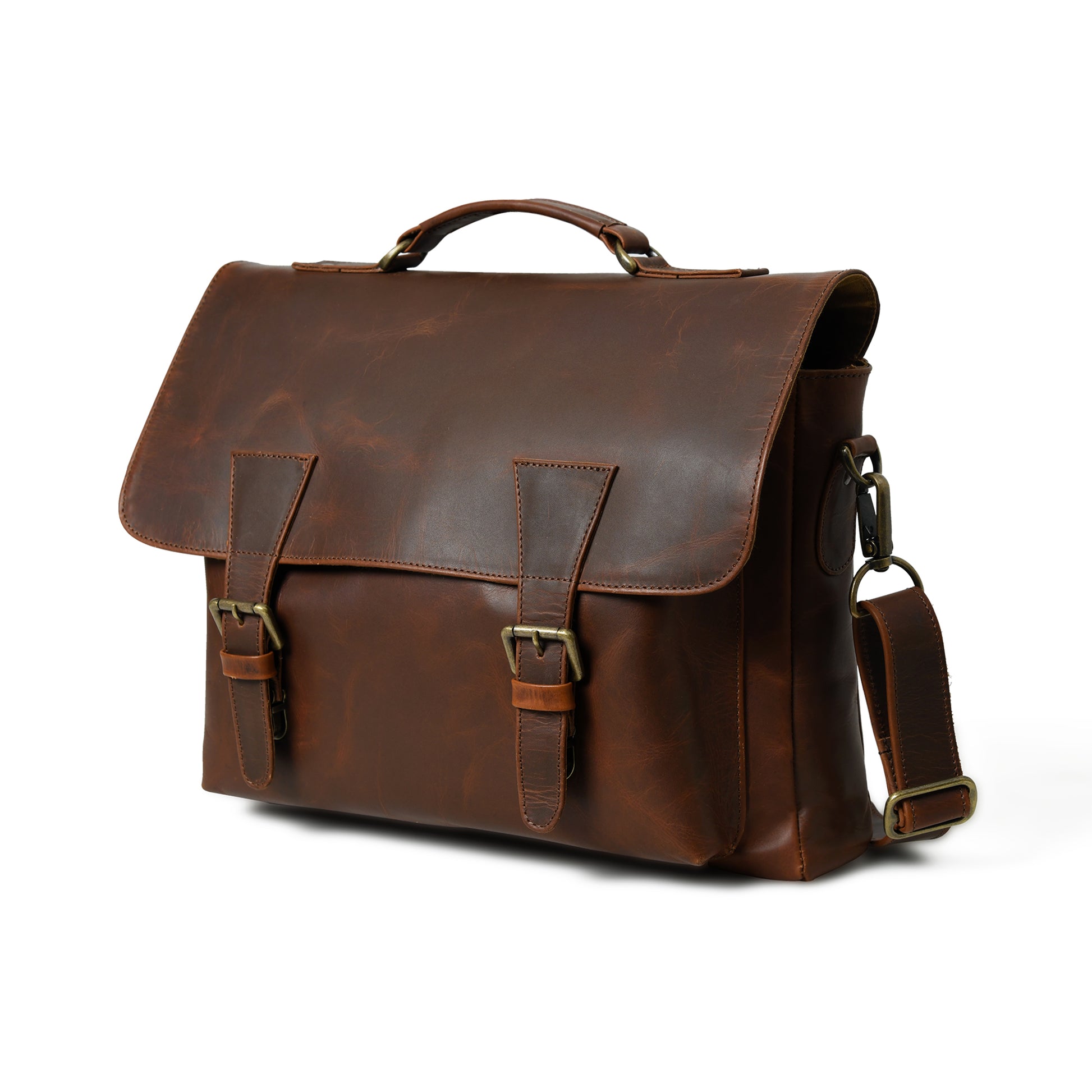 Waxed leather laptop briefcase in an angled front view with handles and hardware