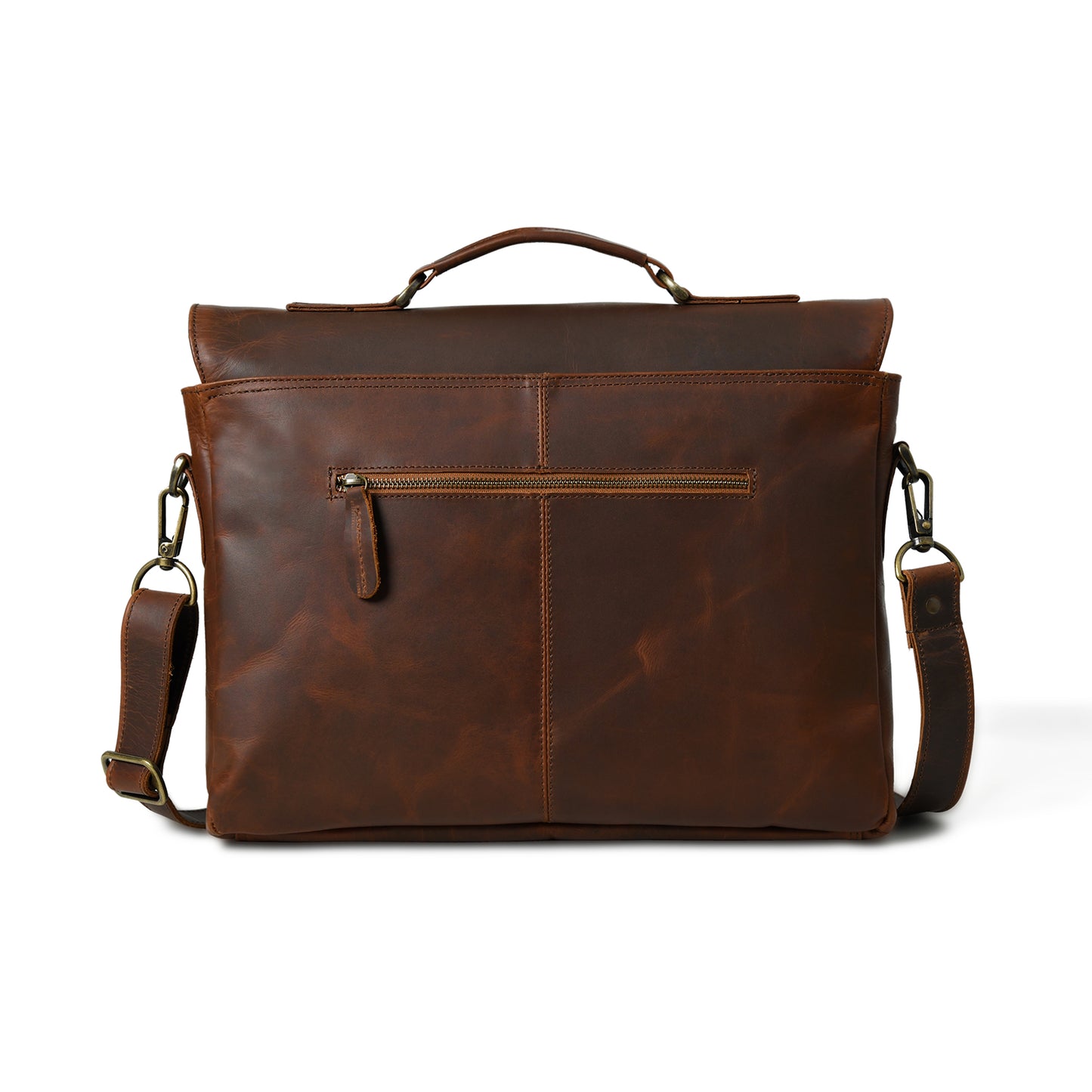 Rear view of waxed leather laptop briefcase showing the back panel and strap attachments