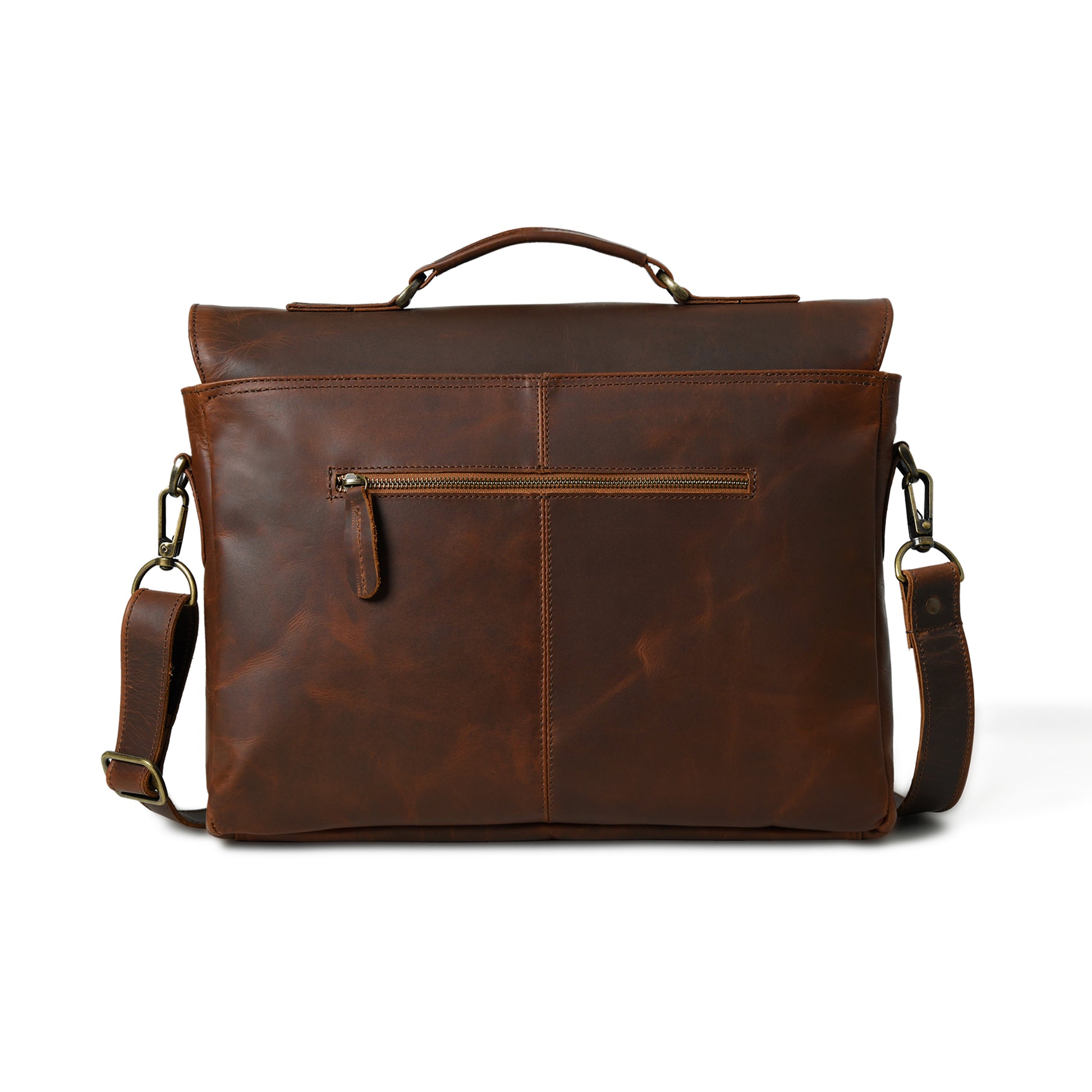 Rear view of waxed leather laptop briefcase showing the back panel and strap attachments