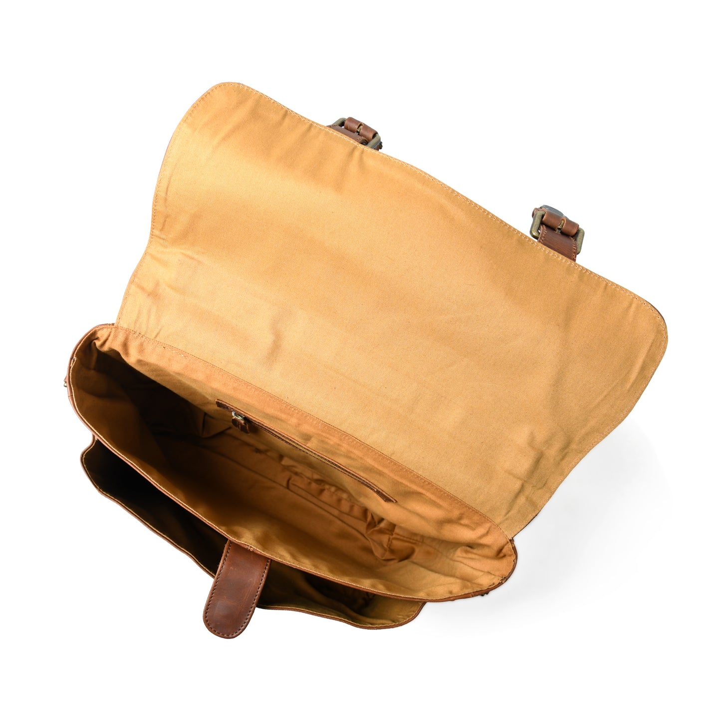 Open waxed leather laptop briefcase showing the lined interior and storage compartments