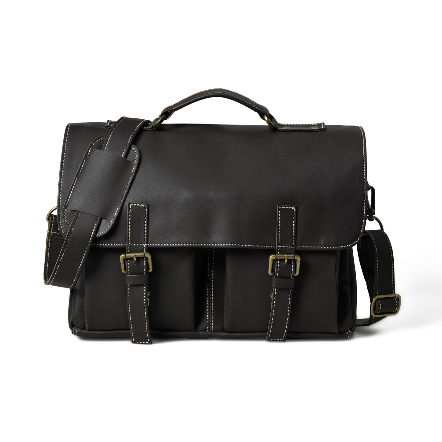 Black Maison leather laptop bag, front view with two front pockets, buckle straps, top handle, and shoulder strap