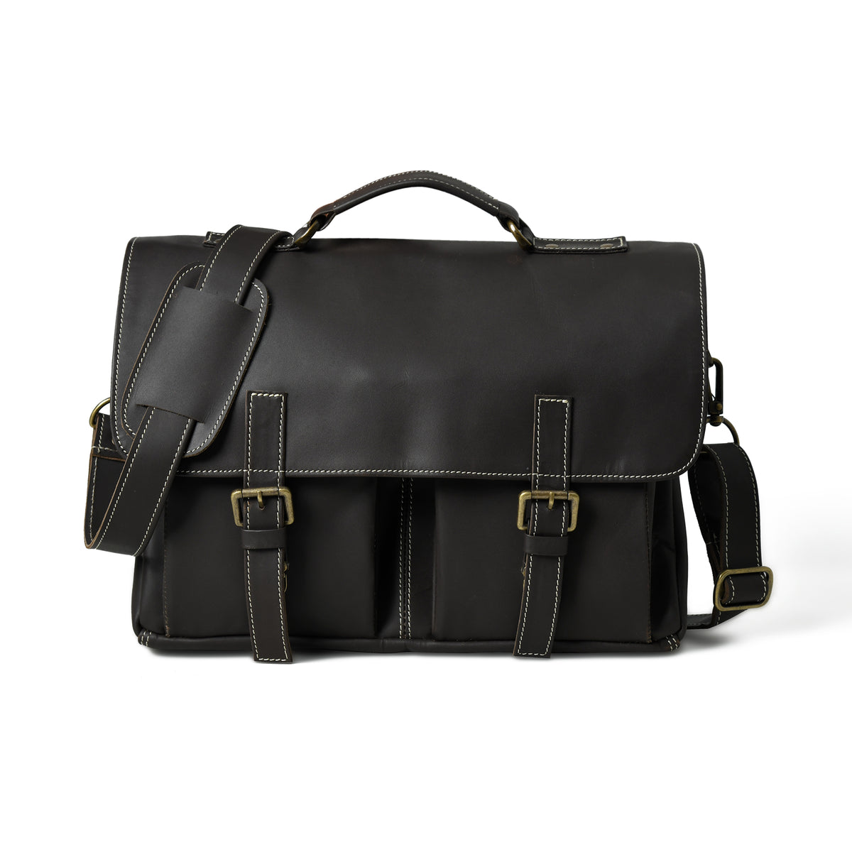 Black Maison leather laptop bag, front view with two front pockets, buckle straps, top handle, and shoulder strap