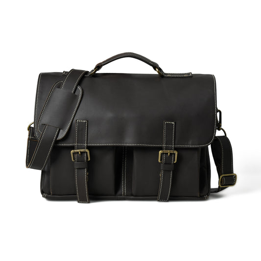Black Maison leather laptop bag, front view with two front pockets, buckle straps, top handle, and shoulder strap