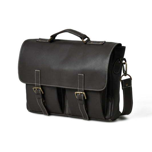 Black Maison leather laptop bag, angled front view with flap, buckle straps, top handle, and shoulder strap