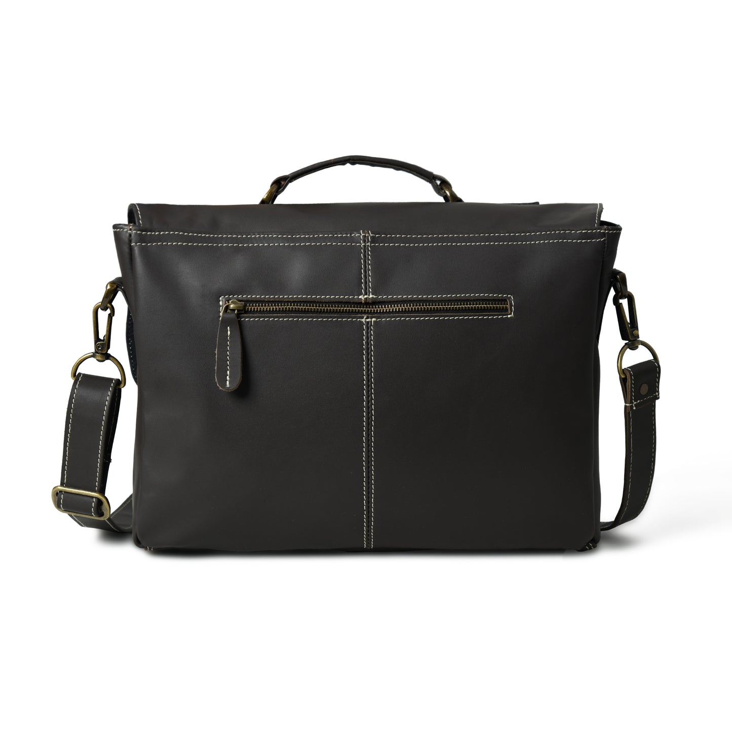 Black Maison leather laptop bag, rear view with horizontal zipper pocket and adjustable shoulder strap