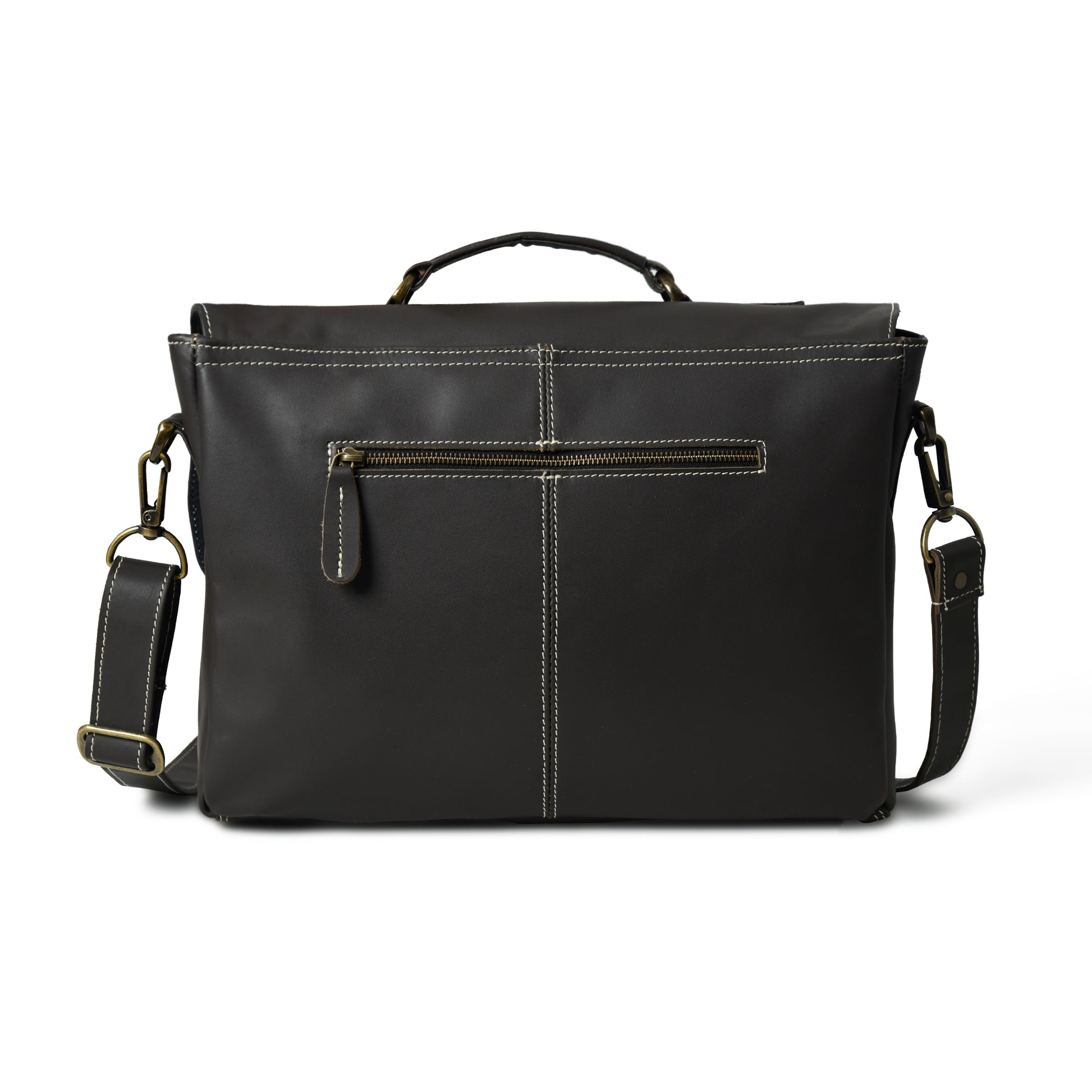 Black Maison leather laptop bag, rear view with horizontal zipper pocket and adjustable shoulder strap