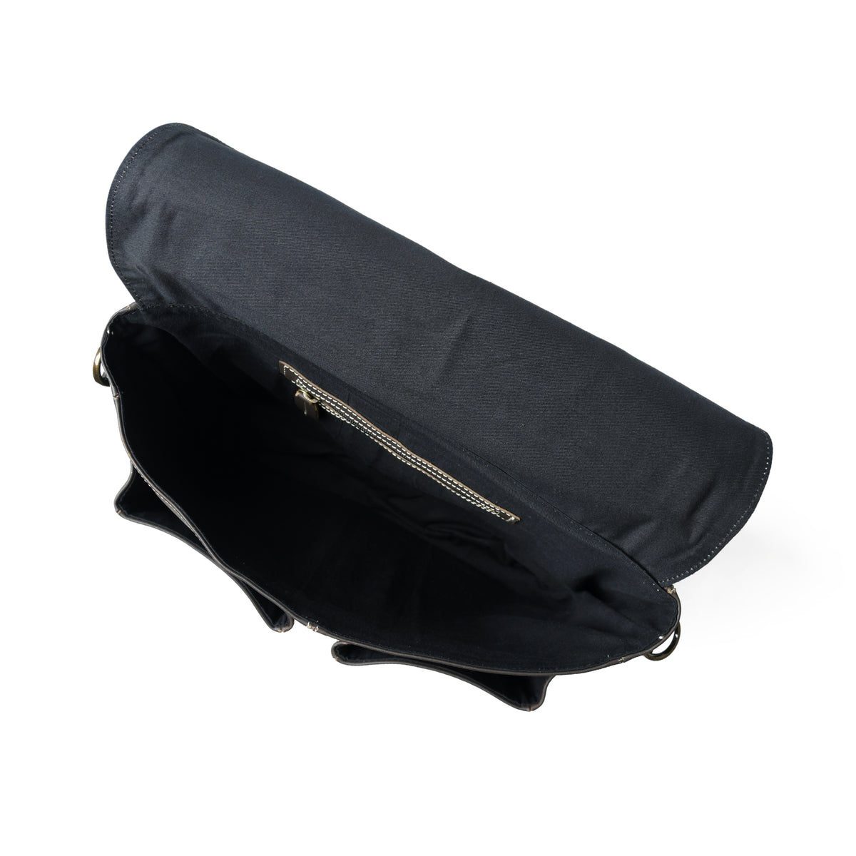 Open Maison leather laptop bag showing black cotton lining, interior zipper pocket, and main compartment