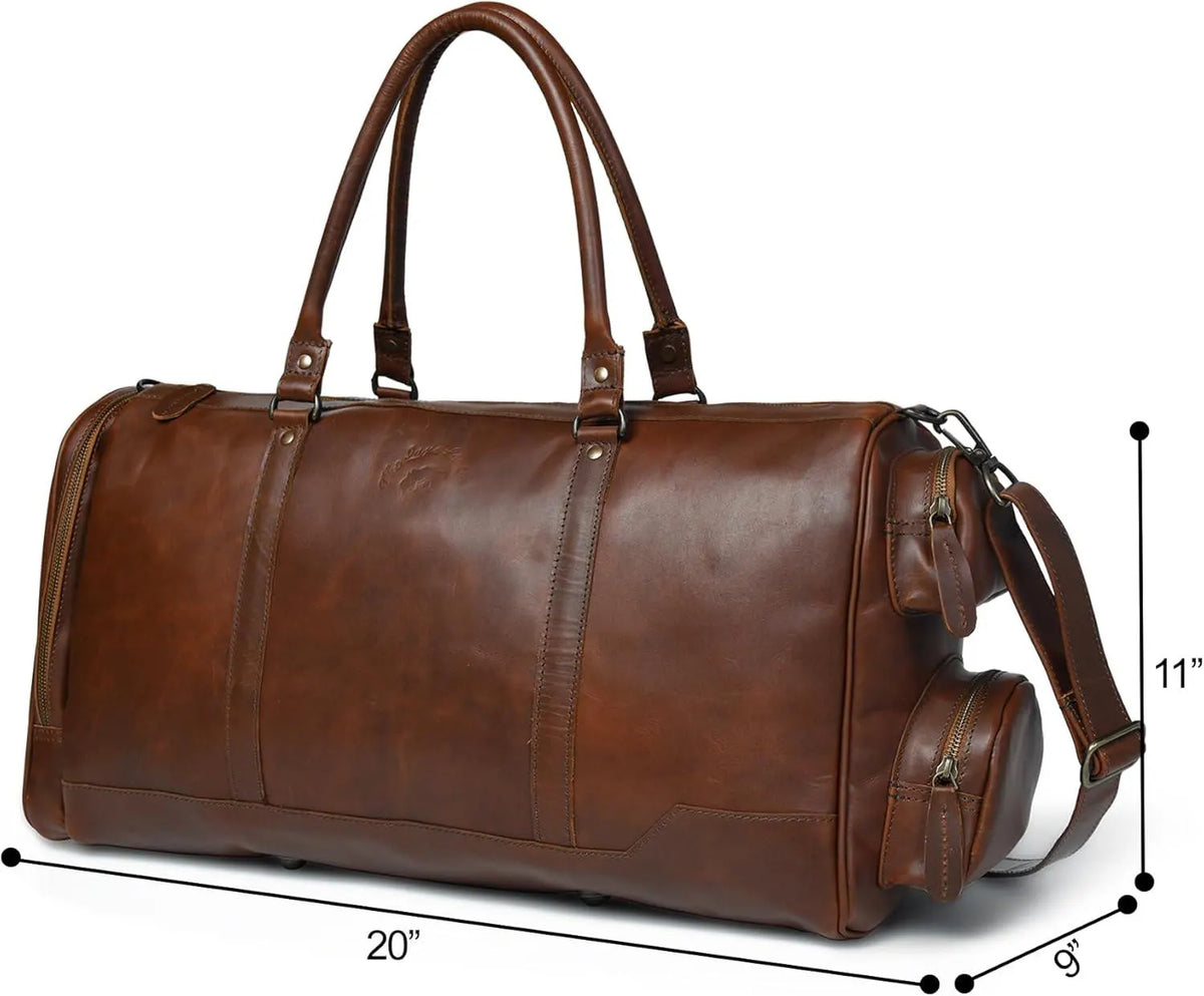 Cuiravo Heritage full-grain leather weekender duffel with dimension measurements shown