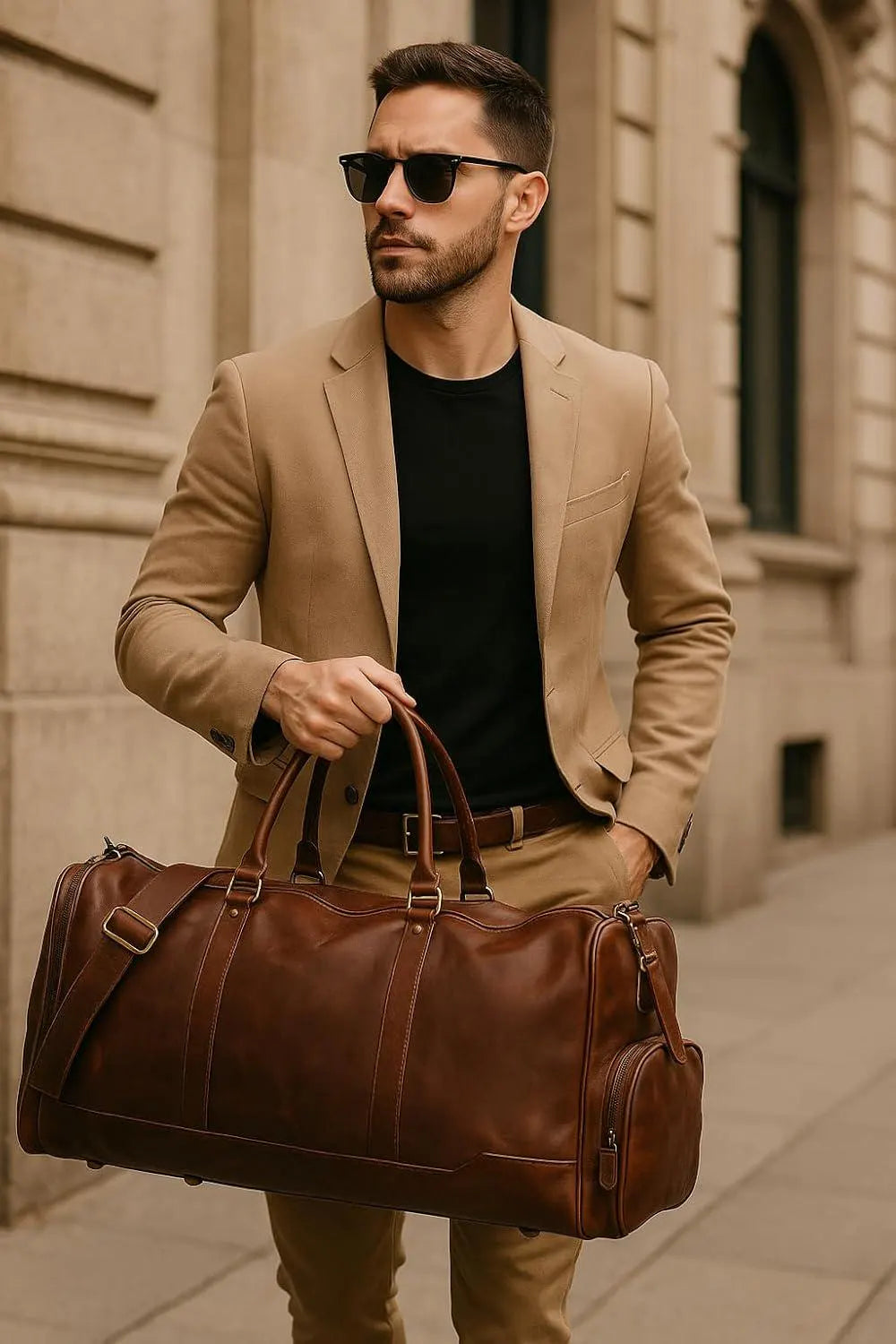 Man giving a Cuiravo Heritage full-grain leather weekender duffel as a gift