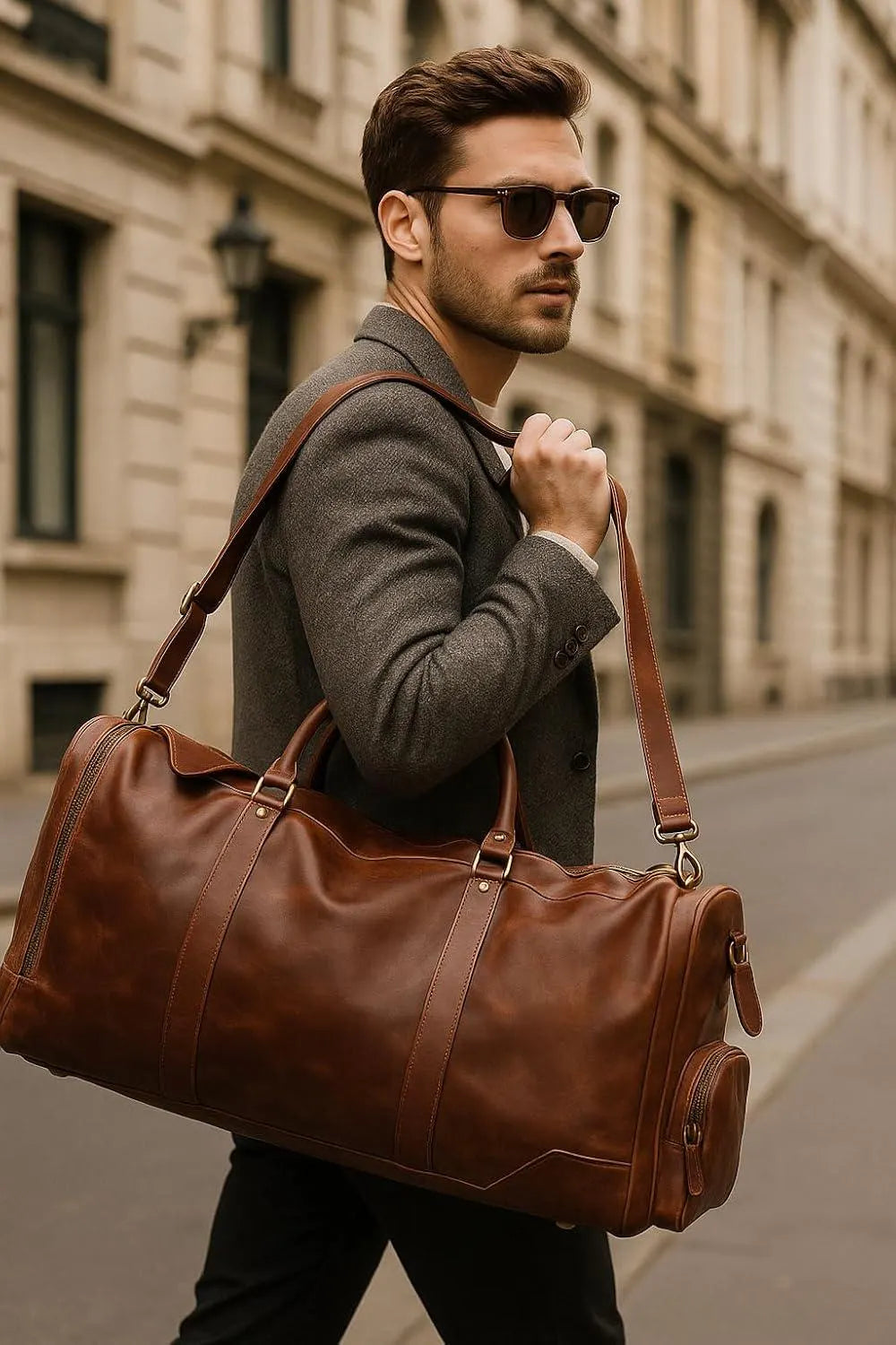 Man carrying the Cuiravo Heritage full-grain leather weekender duffel over his shoulder