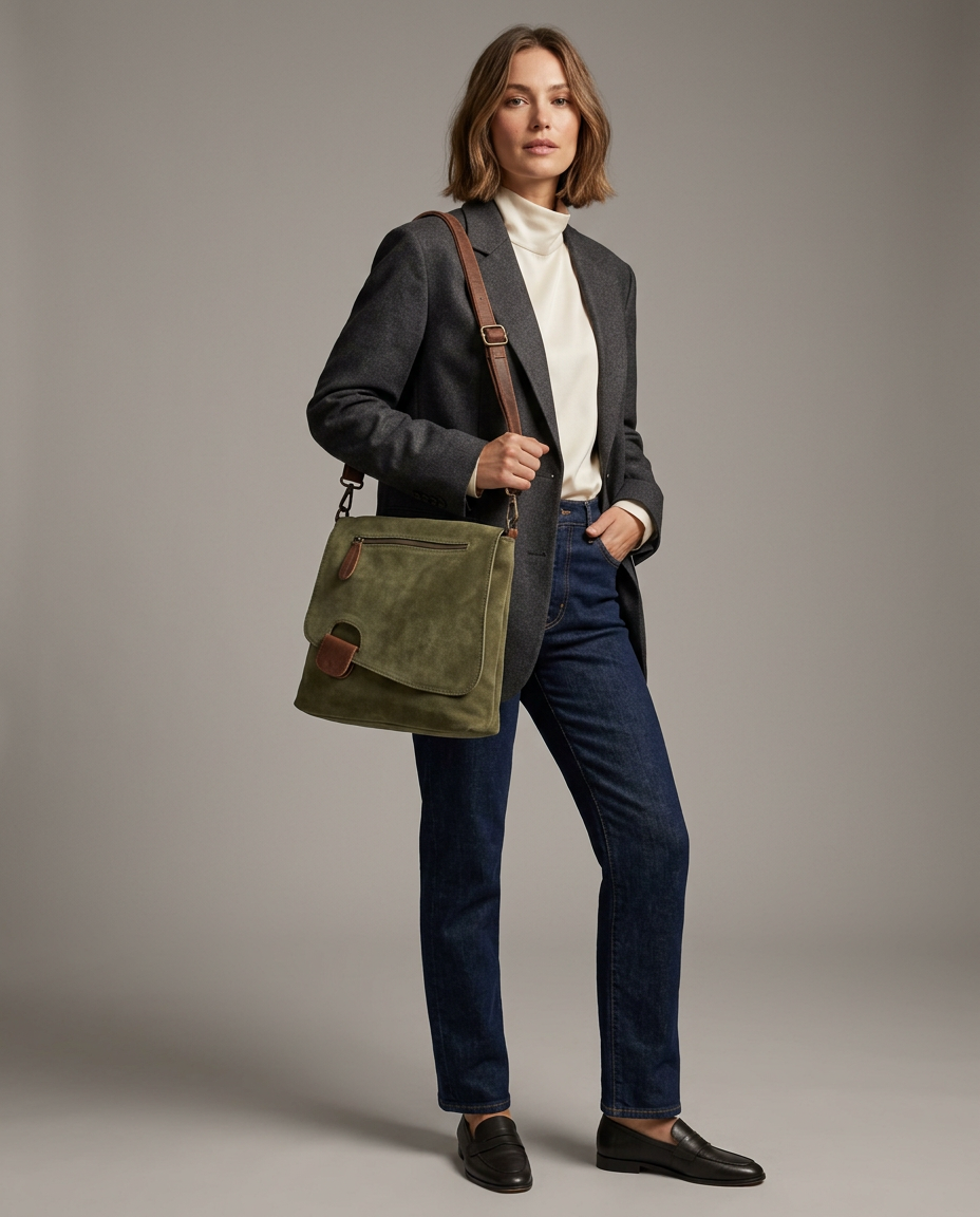 A woman models an olive green Cuiravo Mira suede crossbody bag with brown leather accents, styled with a dark gray blazer, white turtleneck, blue jeans, and black loafers against a neutral studio background.