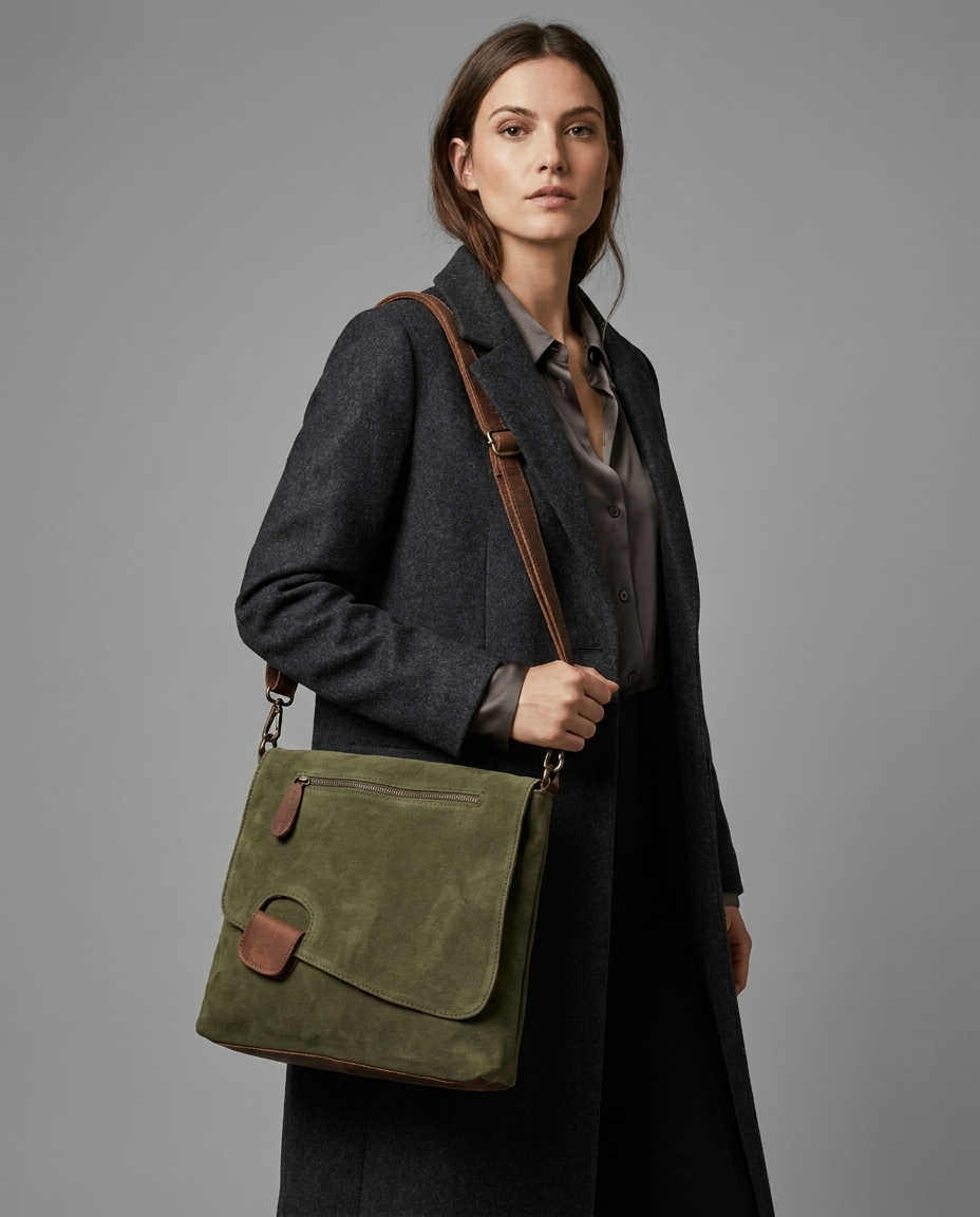 A woman wearing a dark charcoal coat and gray blouse carries an olive green Mira suede crossbody bag with brown leather trim and strap against a plain gray studio background.