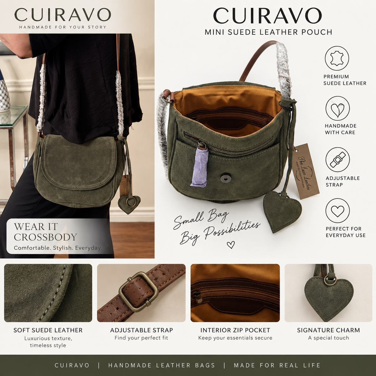 Handmade Cuiravo Mini Suede Leather Pouch in olive green, shown in a lifestyle model shot and a clean product shot, featuring suede leather exterior, interior, adjustable brown strap, and signature heart charm.
