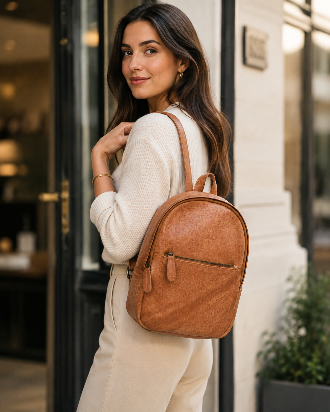 Open brown Cuiravo Atlas leather backpack packed with reading materials, phone, wallet, and small travel essentials