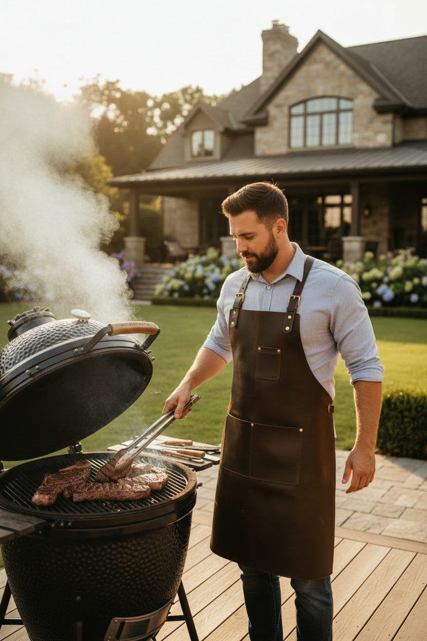 Man wearing a Cuiravo apron grilling in his backyard