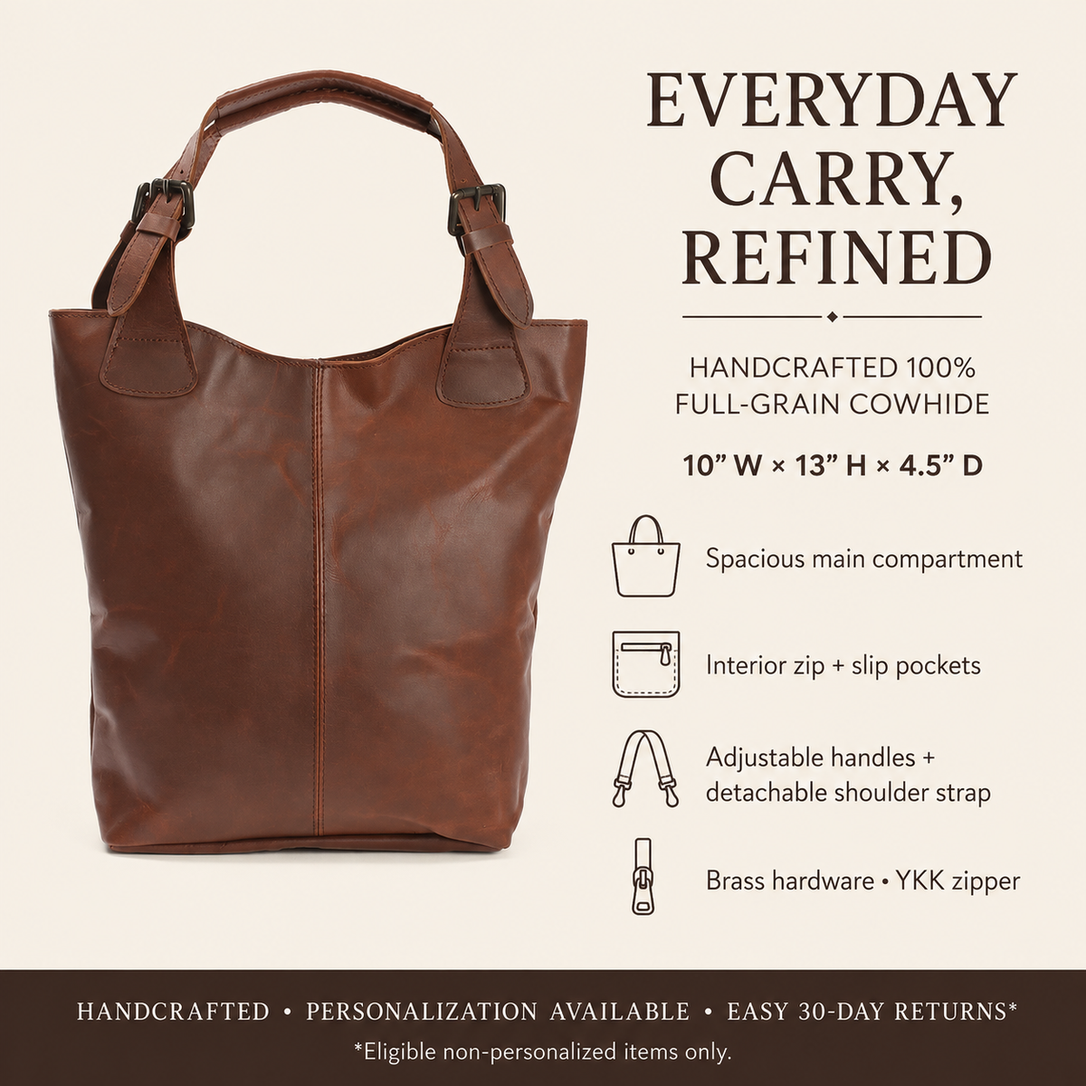 Cuiravo Amara handcrafted full-grain cowhide leather tote bag features, dimensions, pockets and detachable shoulder strap