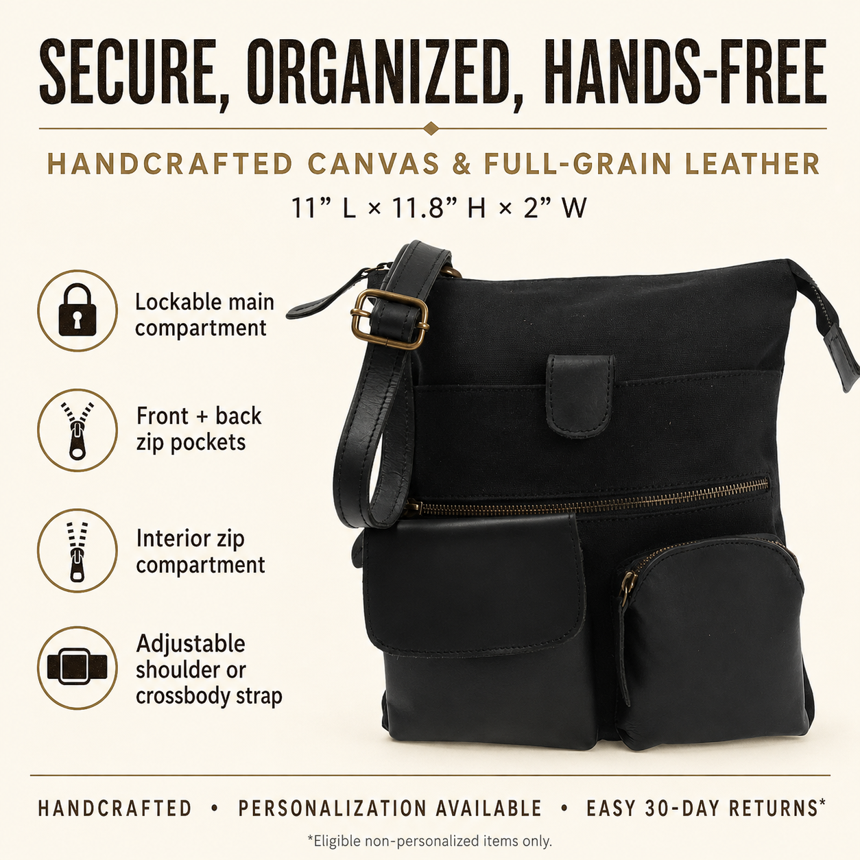 Cuiravo Arden handcrafted canvas and full-grain leather crossbody bag features, secure pockets, dimensions and personalization