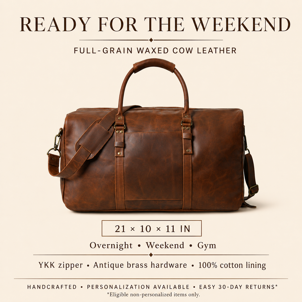 Armand full-grain waxed leather weekender duffel features, dimensions and eligible return details