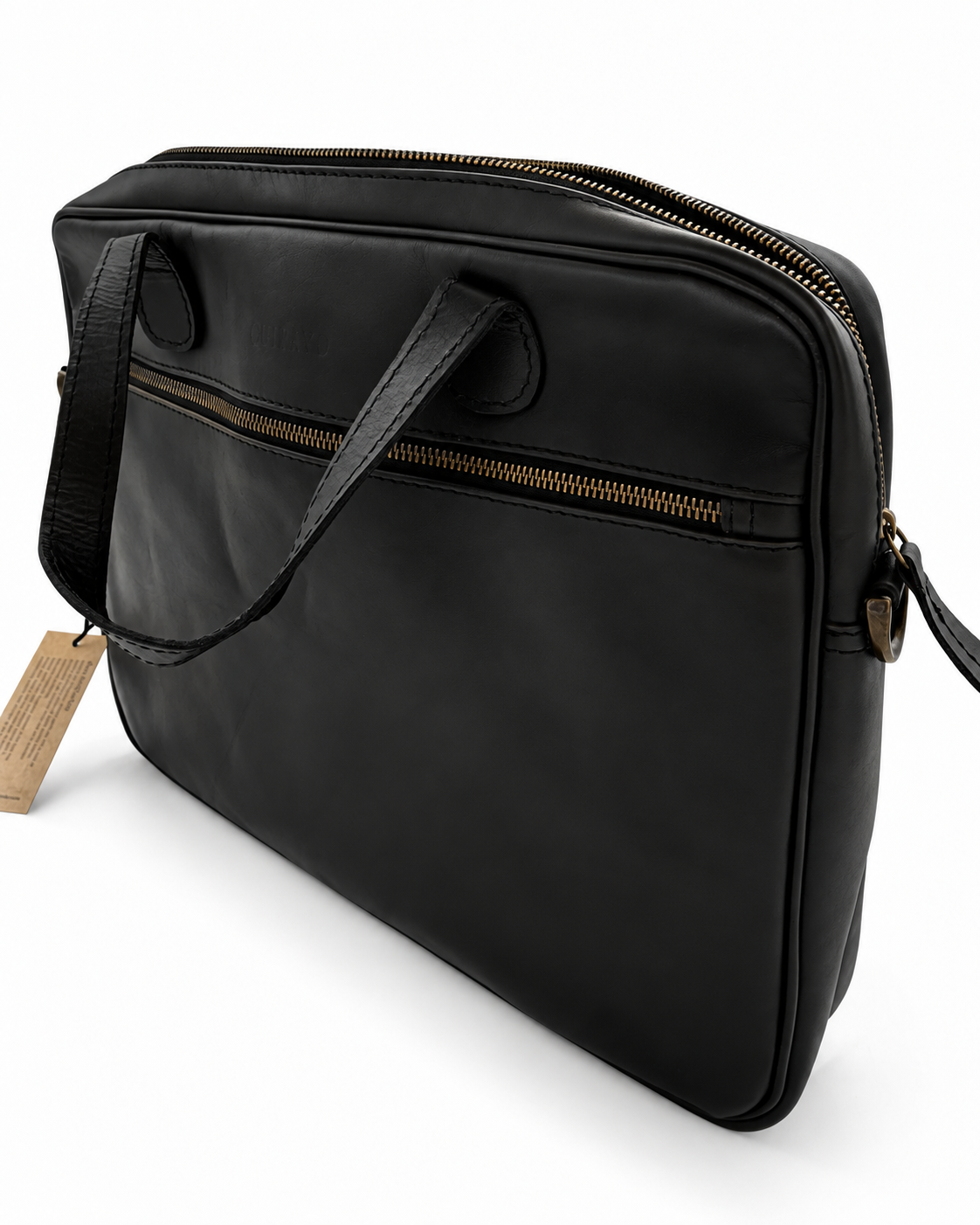 Black Cuiravo Ashford leather laptop briefcase, angled view showing slim profile