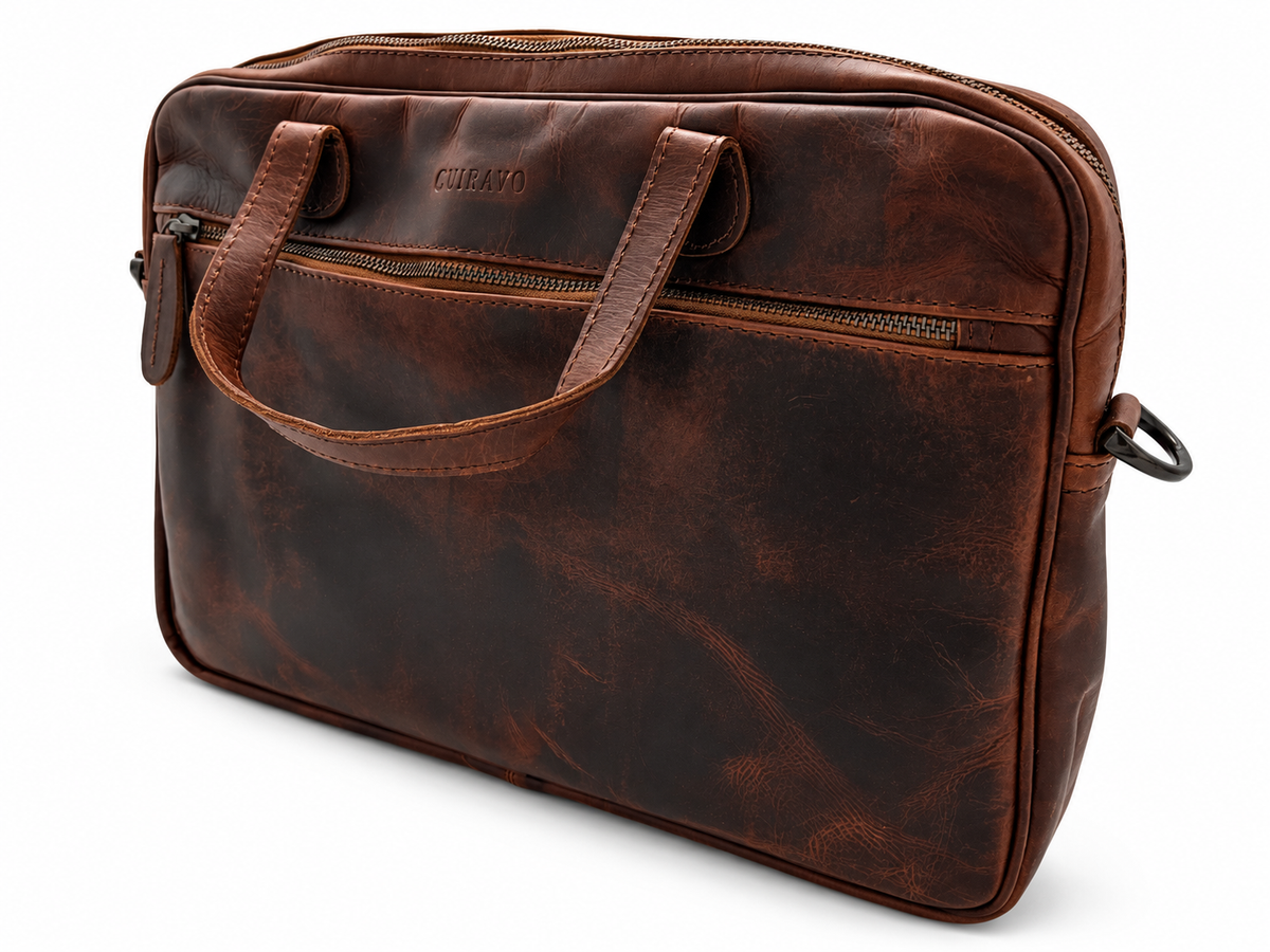 Brown Cuiravo Ashford leather laptop briefcase, angled view showing slim profile
