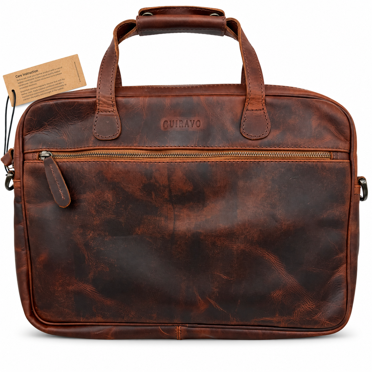 Brown Cuiravo Ashford slim waxed leather laptop briefcase, front view