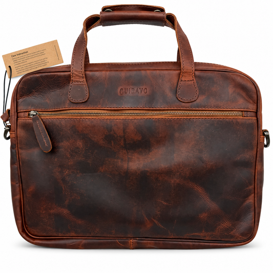 Brown Cuiravo Ashford slim waxed leather laptop briefcase, front view