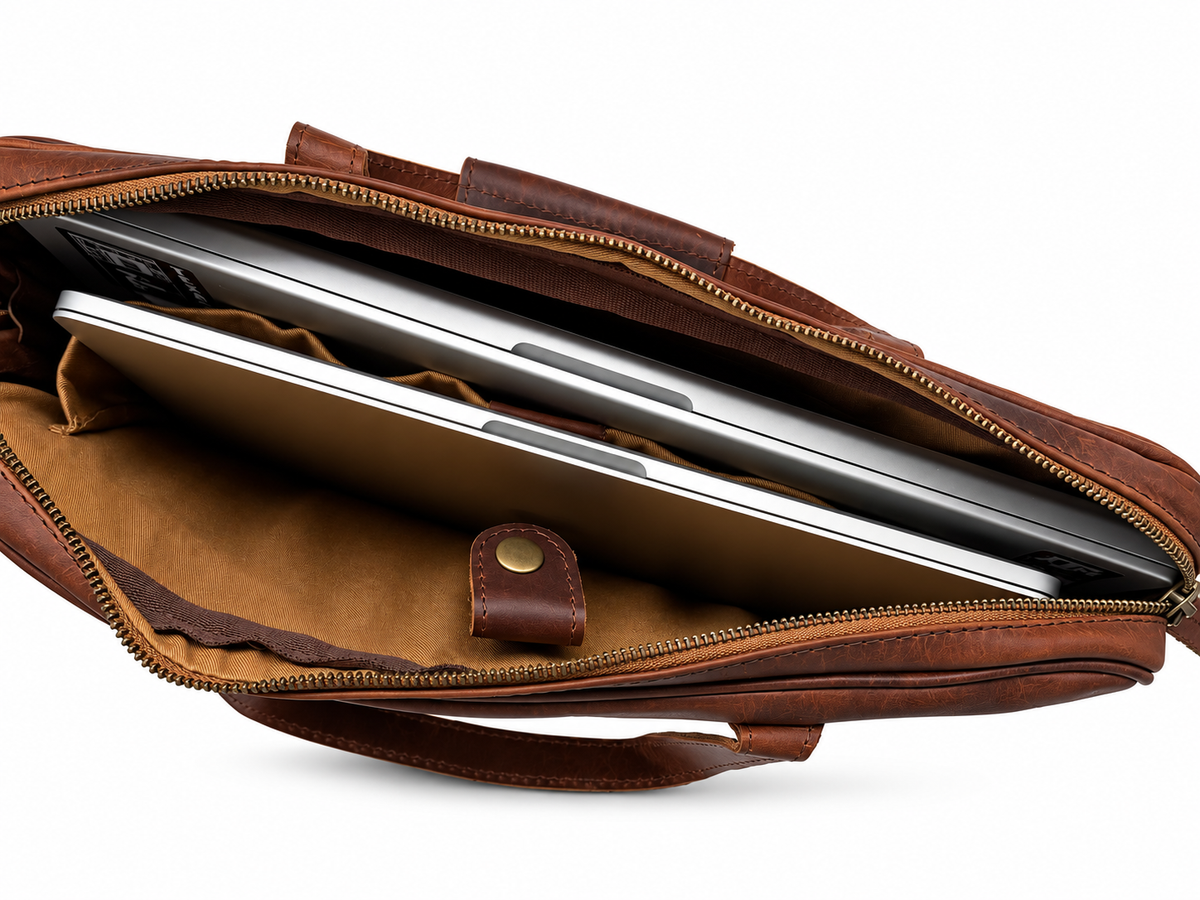 Open brown Cuiravo Ashford laptop briefcase showing lined interior and device compartment