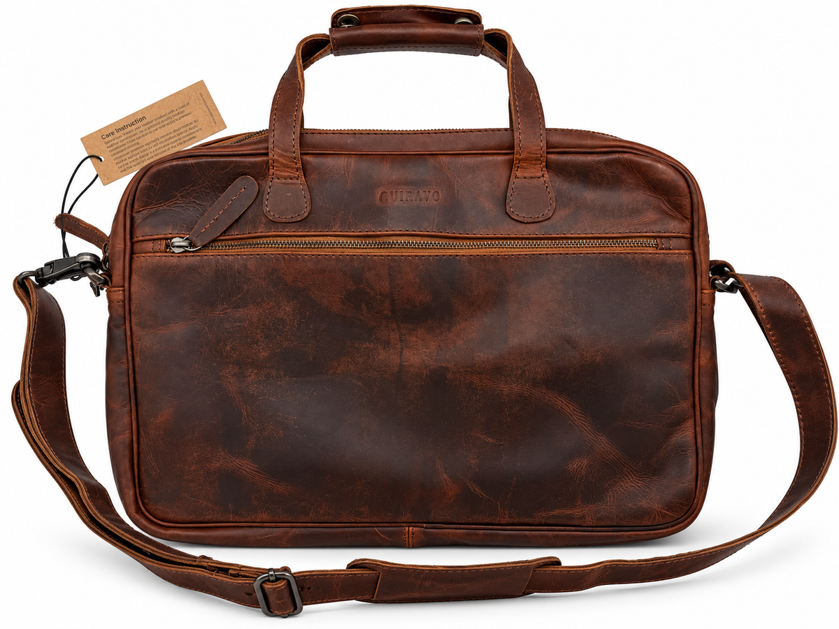 Brown Cuiravo Ashford laptop briefcase with adjustable shoulder strap