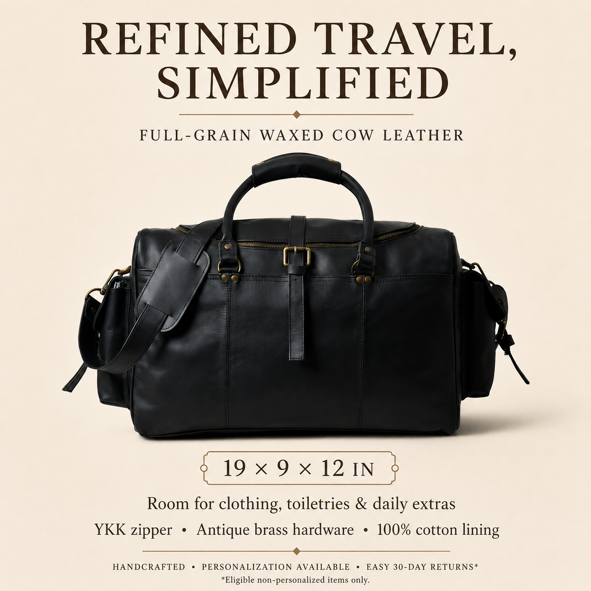 Calais black full-grain waxed leather weekender duffel features, dimensions and eligible return details