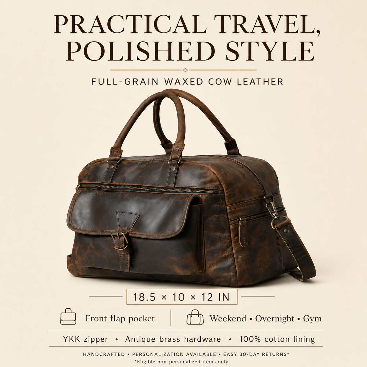 Cameron full-grain waxed leather weekender duffel features, dimensions and eligible return details