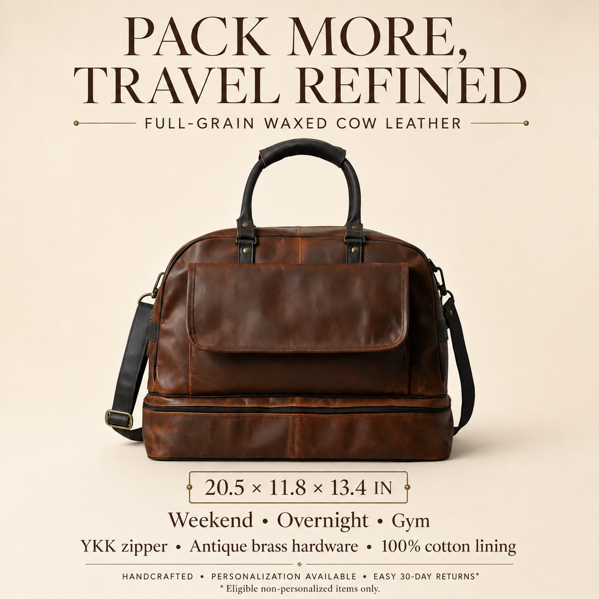 Dorian full-grain waxed leather weekender duffel features, dimensions and eligible return details