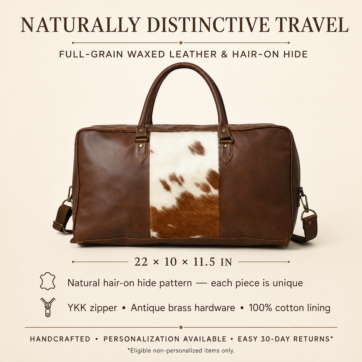 Mayfair full-grain waxed leather and hair-on-hide weekender duffel features and dimensions