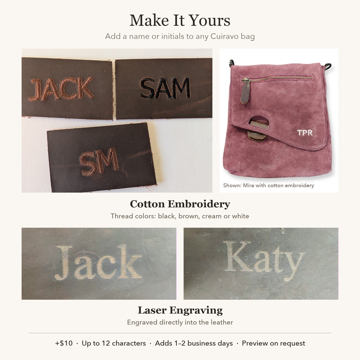 Personalization options: cotton embroidery in black, brown, cream or white thread, shown on leather samples and a burgundy Mira with TPR initials, and laser engraving samples Jack and Katy. +$10, up to 12 characters.