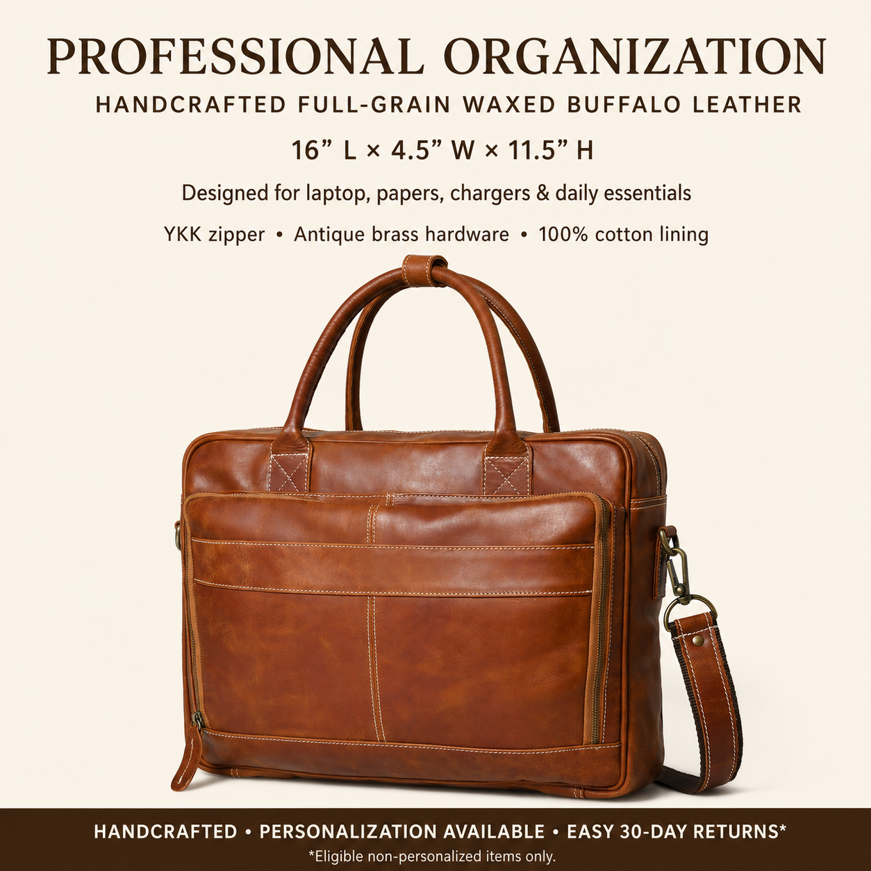 Cuiravo Rivelle handcrafted full-grain waxed buffalo leather laptop bag features, dimensions, YKK zipper and cotton lining