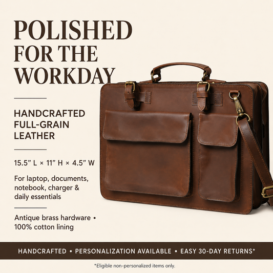 Cuiravo Sable handcrafted full-grain leather work briefcase features, dimensions, cotton lining and personalization