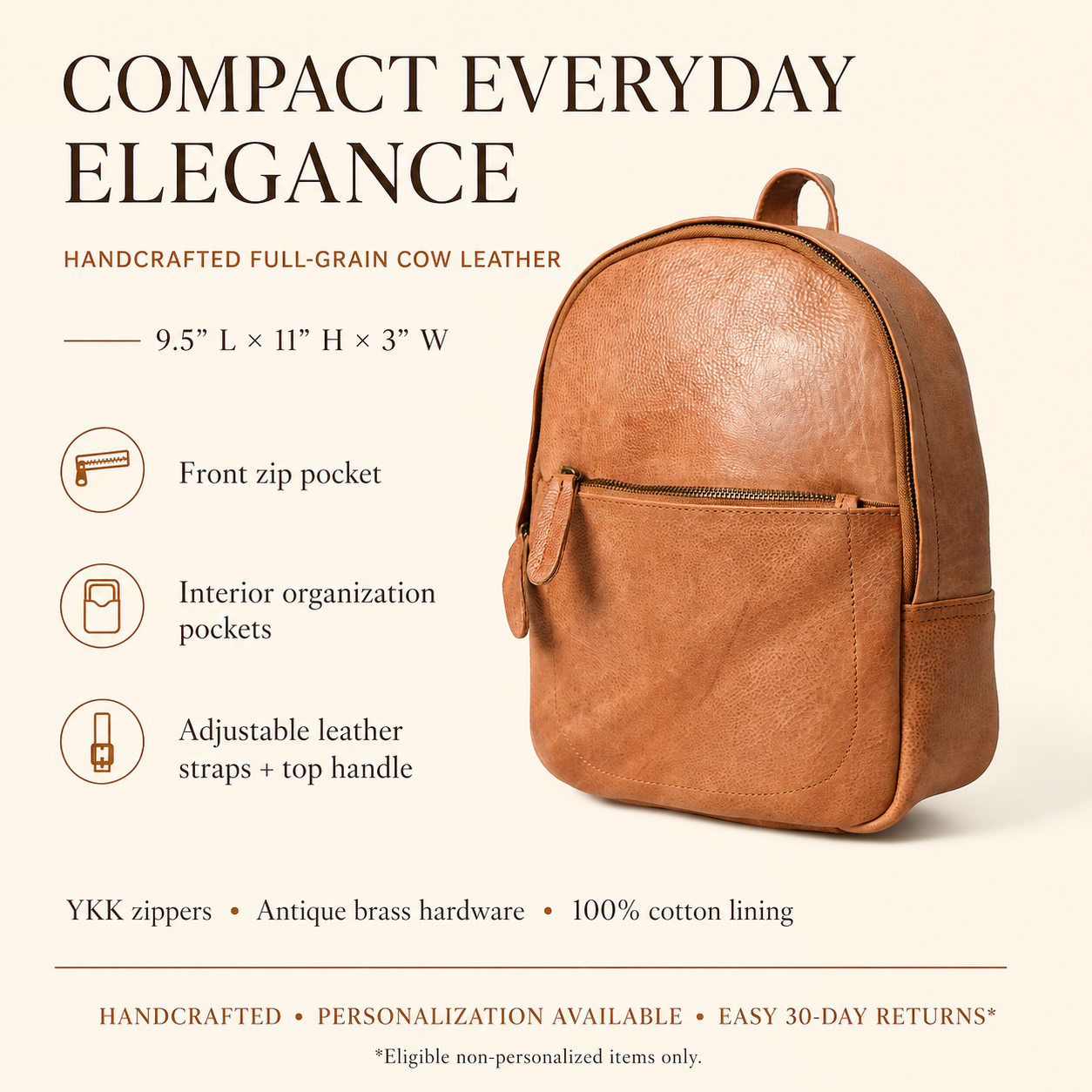 Cuiravo Sienna handcrafted full-grain leather backpack features, dimensions, pockets, YKK zippers and personalization