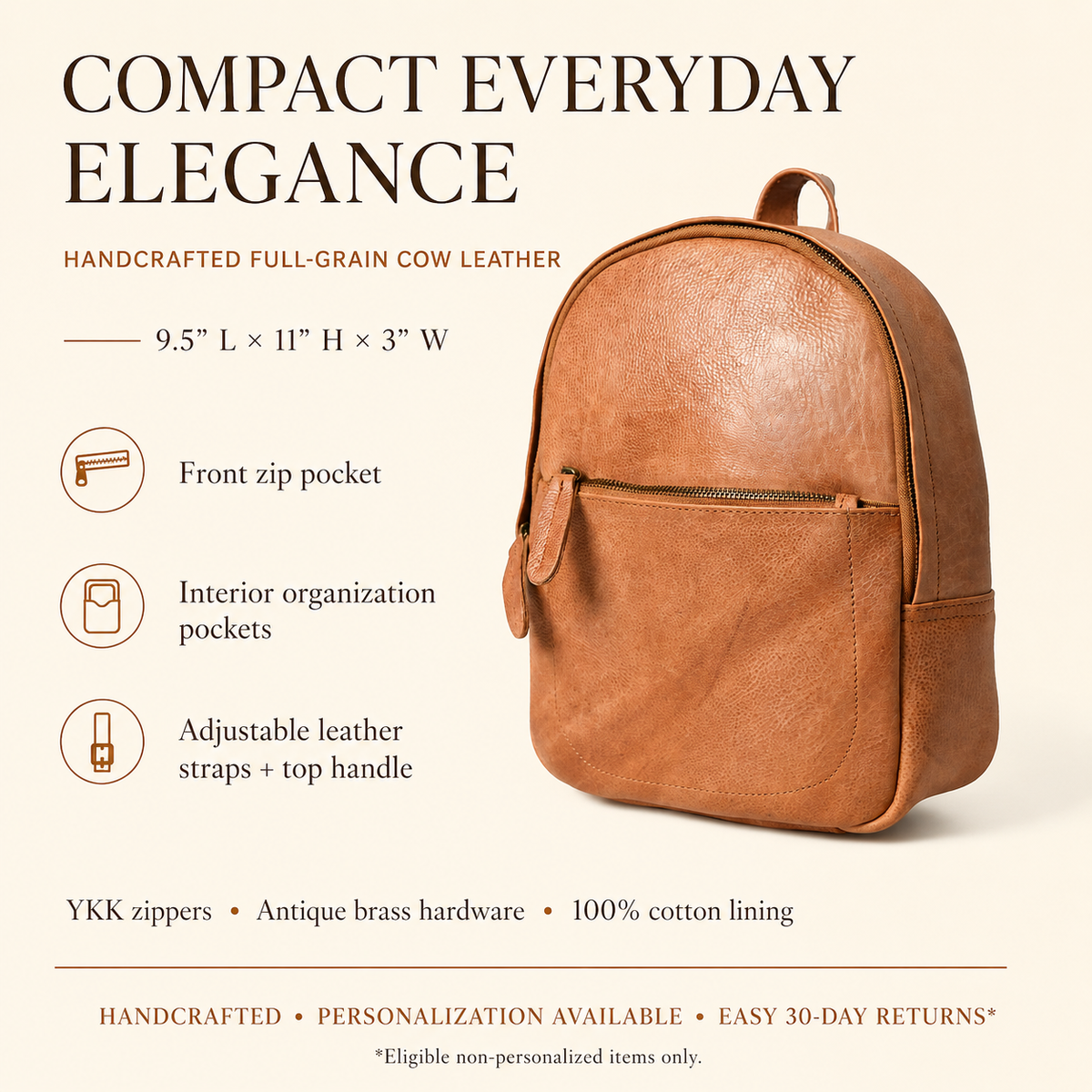 Cuiravo Sienna handcrafted full-grain leather backpack features, dimensions, pockets, YKK zippers and personalization