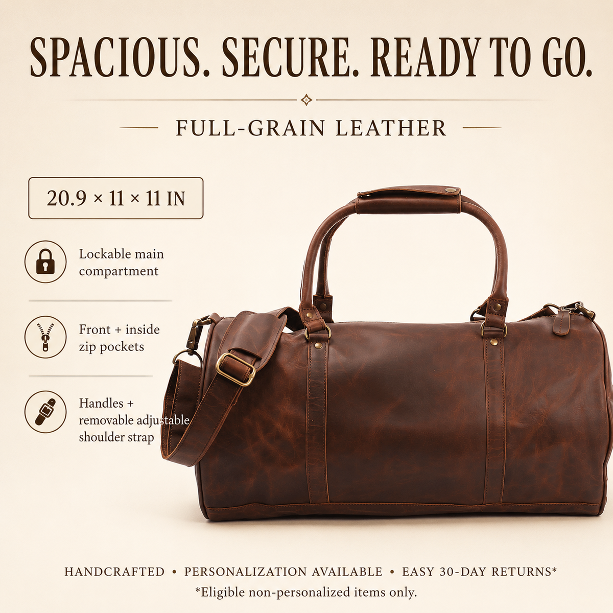 Voyager full-grain leather weekender duffel compartments, strap and dimensions