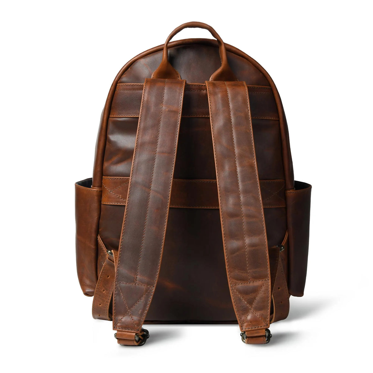 A brown fullgrain handmade  leather backpack shown from the back, featuring dual padded shoulder straps, side pockets, and a top carry handle on a clean white background for college, work or fathers day gift