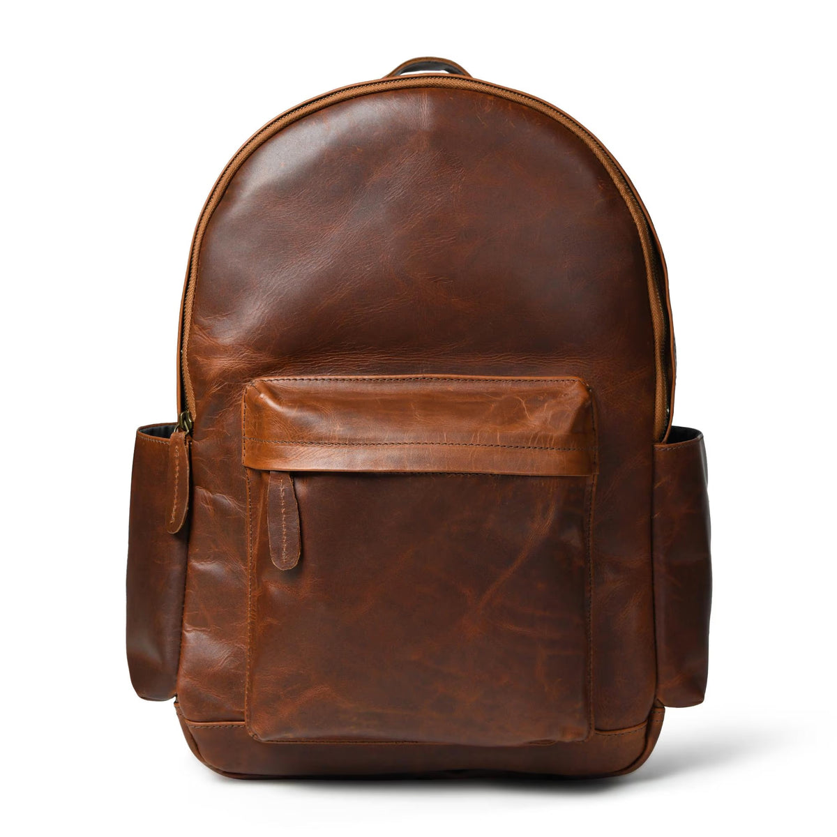 Brown Atlas full-grain leather laptop backpack, front view with front flap pocket and side pockets