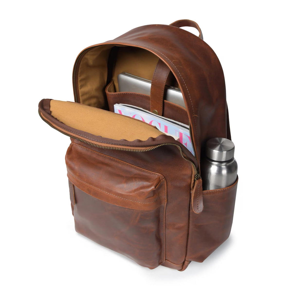 Open brown full-grain leather Cuiravo Atlas laptop backpack showing packed interior compartments